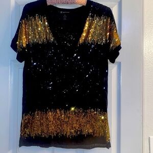 INC Black and Gold Sequined Top Petite Small